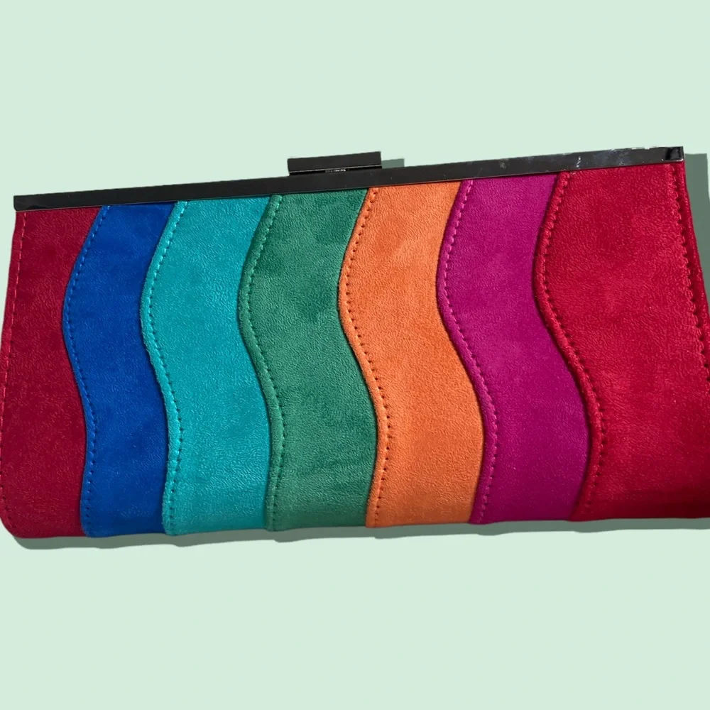 NWOT Red Orange Pink Blue Teal Wave Rainbow Soft Clutch Purse